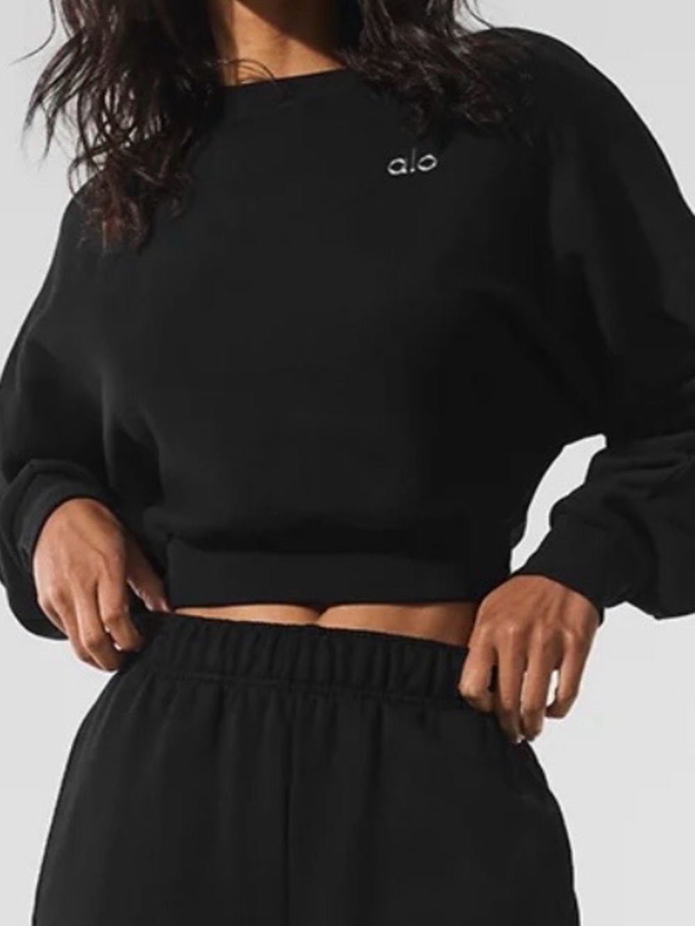 ALO Yoga Black Cropped Cinched-Hem Sweatshirt